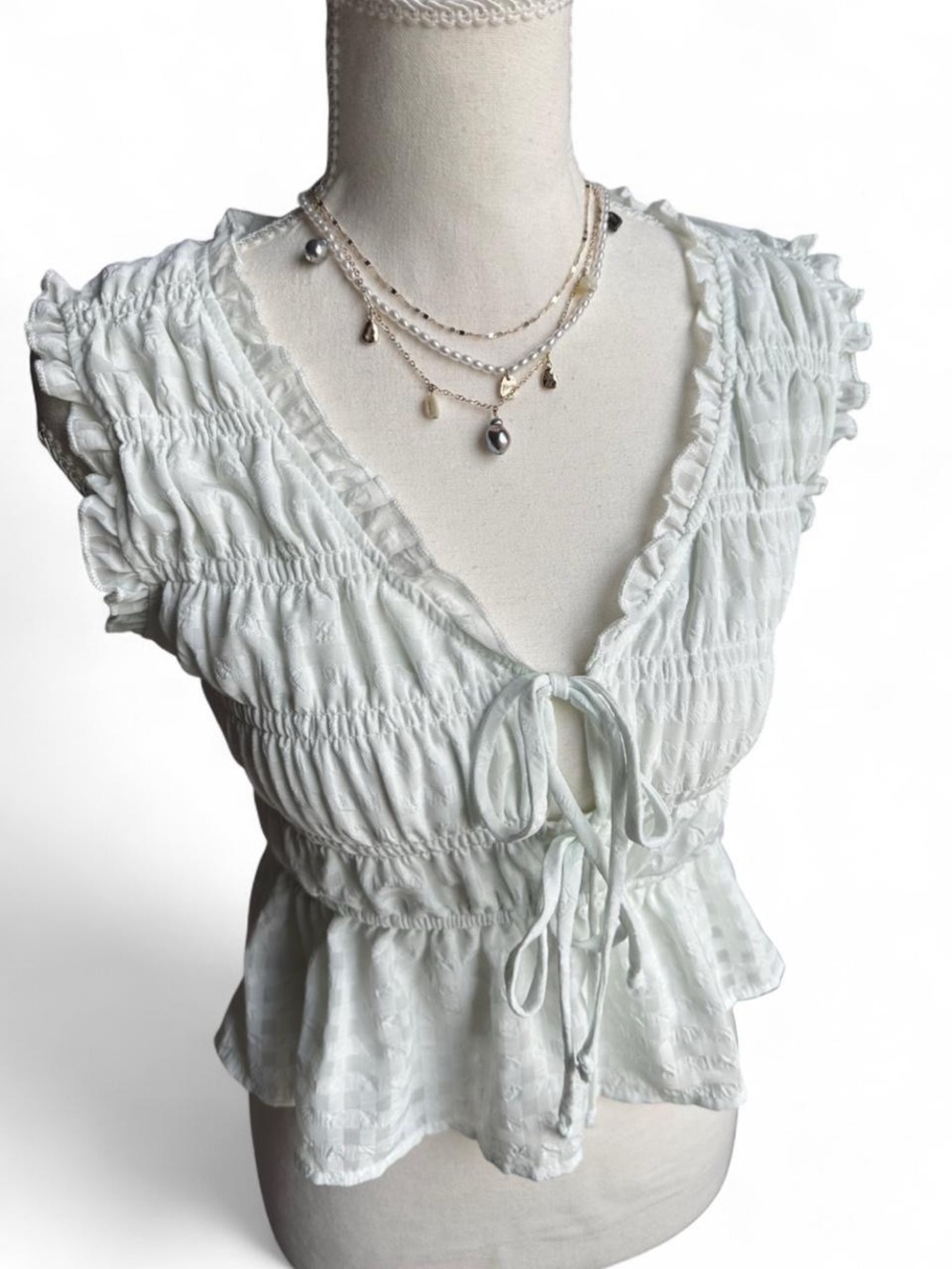 White Smocked V-Neck Tie-Front Peplum Blouse